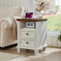 SAVOR LIFE Farmhouse Side Table with Charging Station, Antique Nightstands with Drawers, Bedside Table with Open Shelf for Bedroom, White