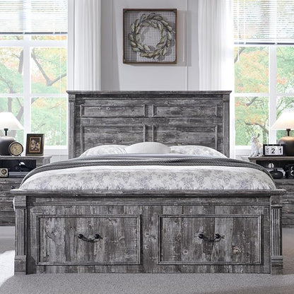 Farmhouse Queen Size Bed Frame with 51" Tall Headboard, Wood Platform Bed Frame with 20" Tall Roman Column Decoration Footboard & 2 Large Storage Drawers, No Box Spring Needed (Light Grey)