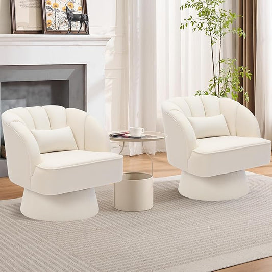 GarveeHome Modern Swivel Barrel Accent Chair, 360 Degree Velvet Upholstered Armchair with Striped Backrest & Plush Padding, Comfy Round Lounge Chair for Living Room, Bedroom, Reading Nook, Beige 2 PCS
