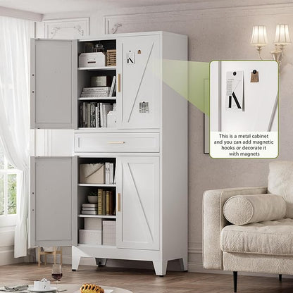COFaR 71" Tall Kitchen Pantry, Farmhouse Storage Cabinet with Doors and Shelves, Metal Cabinet with Drawers and Legs, for Cupboard/Dining Room/Bathroom/Living Room/Office/Laundry Room (White).