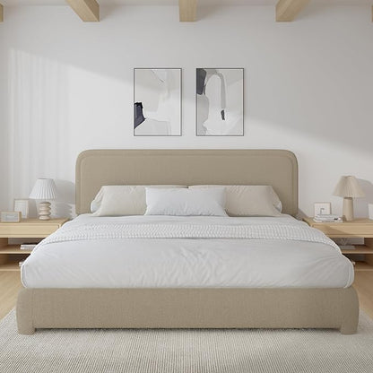 BarnFurin Boucle Upholstered Bed Frame King Size/Cloud Bed Frame/Soft Rounded Corners Headboard/Low Profile/No Box Spring Needed/Beige