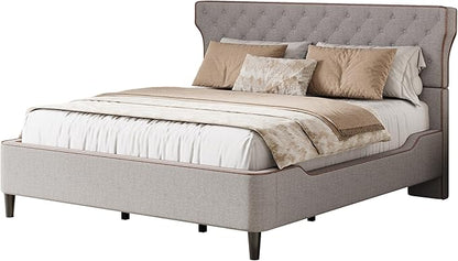 Christopher Knight Home Salus Linen Upholstered King Size Bed Frame with Headboard, Modern King Bed Frame and Headboard, Wooden Slats Support, Easy Assembly, No Box Spring Needed, Grey