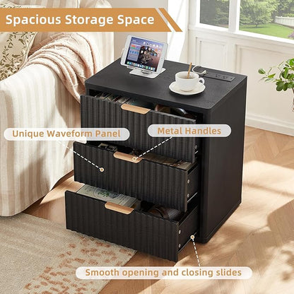 LEYAOYAO 23" Wide Fluted Farmhouse Night Stand Set of 2 with Charging Station, 3 Drawers Large End Table w/Metal Handle,Black Nightstand Bedside Table,Wood Dresser for Bedroom, Closet