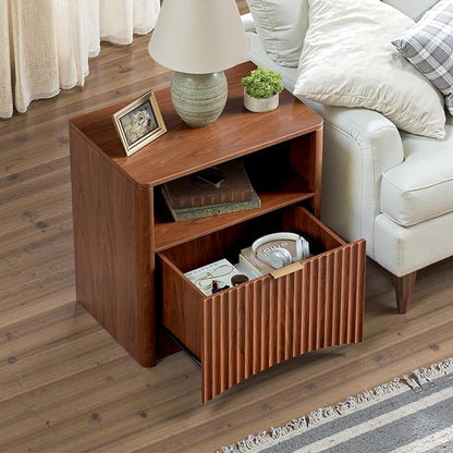 Evermagin Fluted Nightstand, Walnut Bedside Table with Drawer and Storage, Wood End Table Mid Century Modern, Large Night Stand for Bedroom