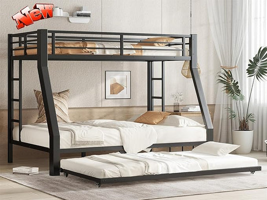 TSAMPA Latest Upgraded & Stronger Metal Bunk Bed Twin Over Full Size, More Stable & Safer Steel Heavy Duty Bunkbed Frame with Twin Size Trundle (Twin Over Full)