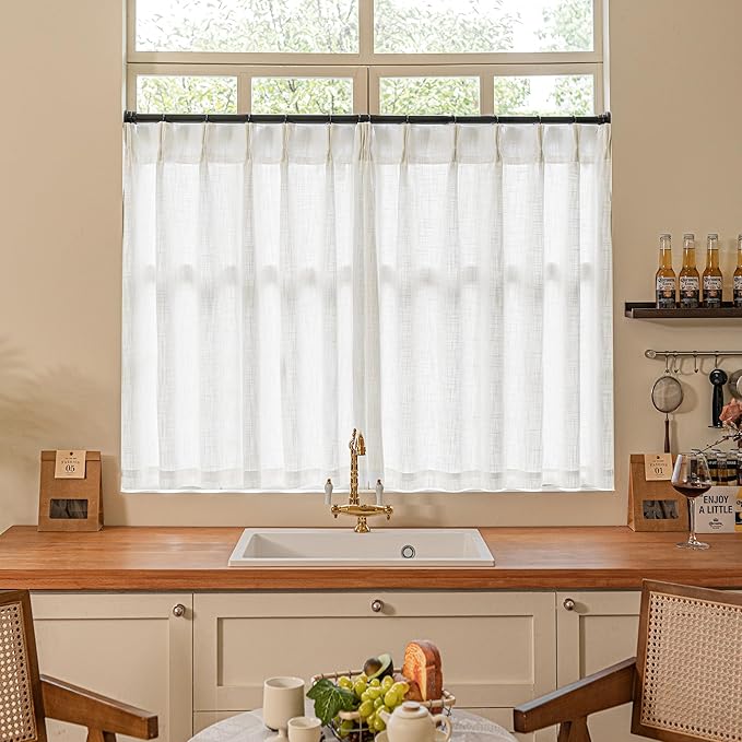 Ivory Linen Kitchen Curtains 36 Inch Length Pinch Pleated 2 Panels for Small Window Privacy Light Filtering Bathroom Window Drapes Neutral Semi Sheer Short Curtains for Front Door Laundry RV Camper