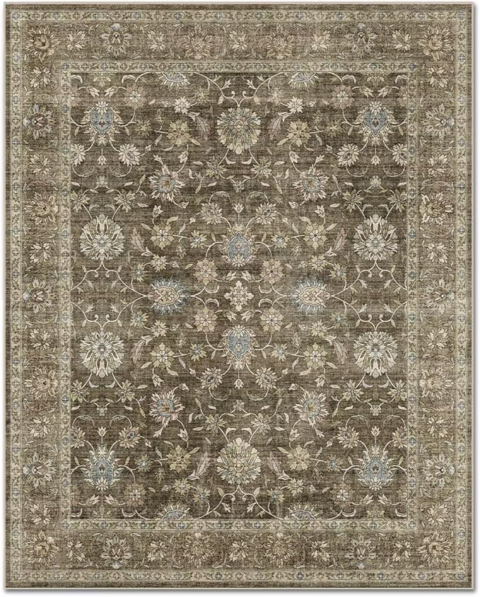 Washable 2x3 Entryway Rug, Boho Non-Slip Door Mat Vintage Distress Small Rugs for Kitchen Nursery Office Bedroom, 0.3" Neutral Oriental Throw Carpet with Cushioning Pad, Tan/Flaxen/Multi