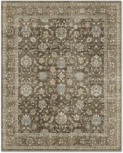 Washable 2x3 Entryway Rug, Boho Non-Slip Door Mat Vintage Distress Small Rugs for Kitchen Nursery Office Bedroom, 0.3" Neutral Oriental Throw Carpet with Cushioning Pad, Tan/Flaxen/Multi
