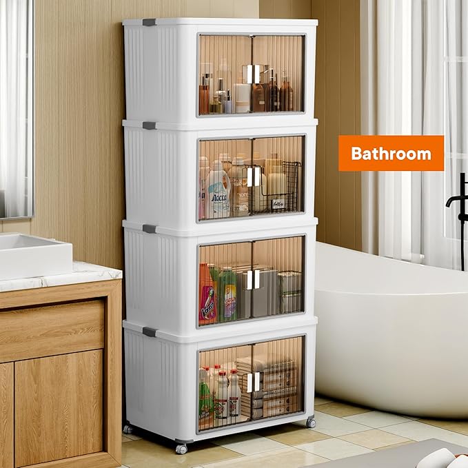 4 Tier 432 Qt Storage Bins with Lids - Stackable Storage Bins, Large Plastic Storage Boxes for Toy, Closet, Open Front Storage Bin with Wheels Suitable for Garage, Bedroom, Living Room, Camping