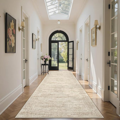 Washable Runner Rug, 2'6" x 8' Non-Slip Kitchen Vintage Foldable Hallway Runners for Entryway, Laundry, Bedroom, Beige