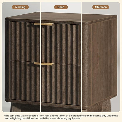 Fluted Nightstand,Modern End Table with Metal Handle,2 Storage Drawers Side Table,Bedside Table for Bedroom,Wood Nightstands,Curved Profile Design Furnitue,Walnut