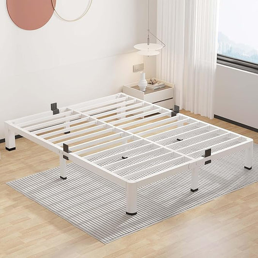 ROIL 10 Inch White Queen Bed Frame with Rounded Corner and Mattress Retainers, 3500LBS Heavy Duty Steel Slats No Box Spring Needed Platform Noise-Free Easy Assembly