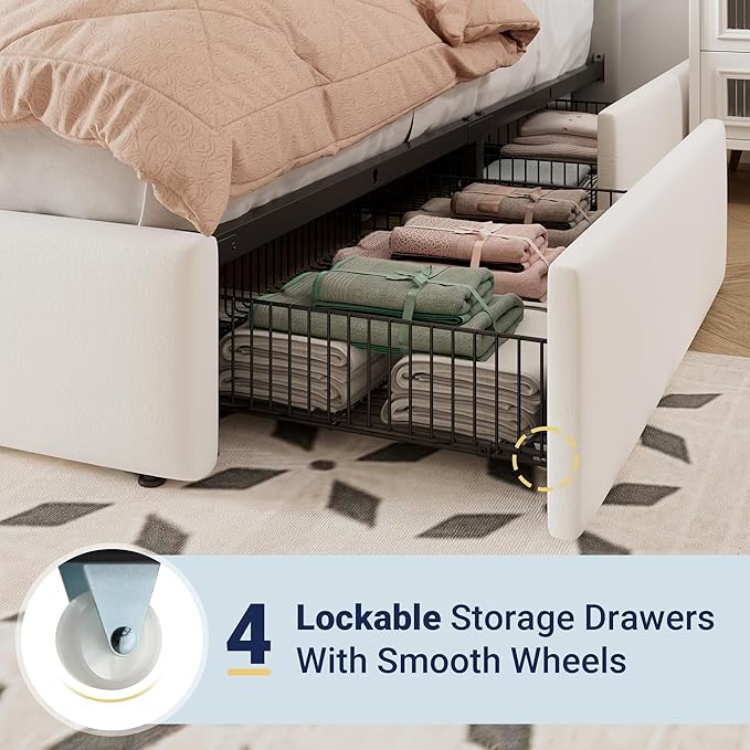 Allewie Queen Size Storage Bed Frame, Vertical Channel Tufted Adjustable Headboard, Velvet Upholstered Platform Bed with 4 Oversized Underbed Drawers, Wooden Slats Support, No Box Spring Needed, White