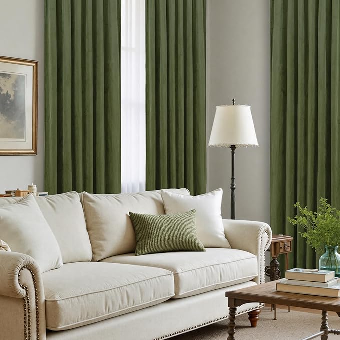 LAMIT Sage Green Velvet Curtains 96 Inches Long for Living Room, Luxury Thermal Insulated Room Darkeing Panels Back Tab and Rod Pocket Privacy Protected Drapes for Bedroom, 2 Panels, 52 x 96 Inch