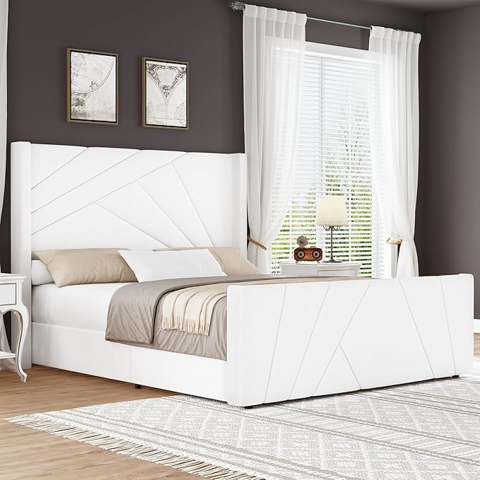 BarnFurin Full Size Bed Frame, Velvet Upholstered Platform Bed with Geometric Tufted Headboard & Footboard, Wingback Design, Mattress Foundation with Wooden Slats, Cream White