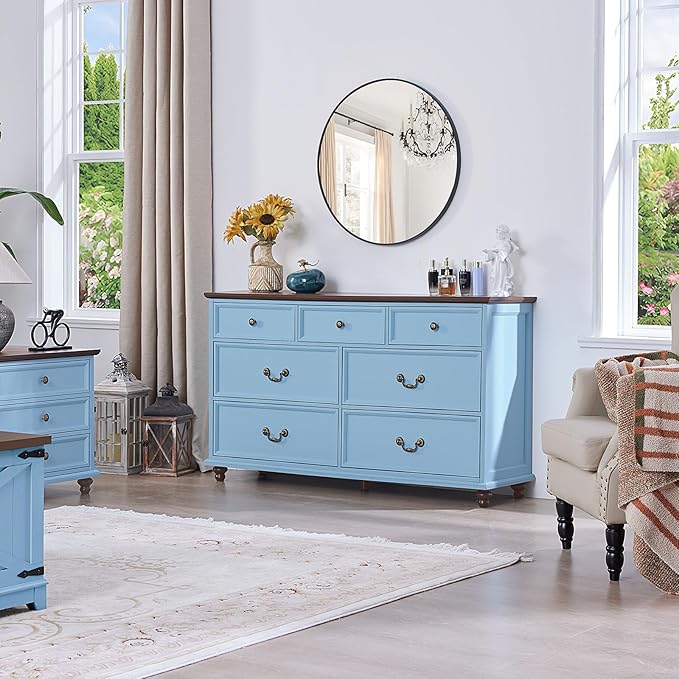 24" Wide Farmhouse Nightstand Set of 2, 54" 7 Drawers Dresser, 45" Tall Rustic Chests of 5 Drawers w/ 4 Solid Wood Feet, Farmhouse Furniture Series for Living Room,Bedroom,LightBlue
