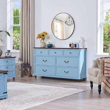 24" Wide Farmhouse Nightstand Set of 2, 54" 7 Drawers Dresser, 45" Tall Rustic Chests of 5 Drawers w/ 4 Solid Wood Feet, Farmhouse Furniture Series for Living Room,Bedroom,LightBlue