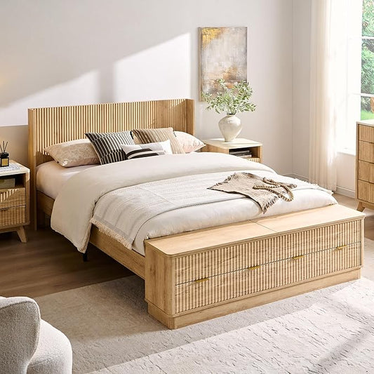 T4TREAM Fluted Queen Size Bed Frame with Wingback Headboard, Footboard Storage Bench with Built-in Drawers & Lift-Up Compartments, Wood & Steel Platform Bed, No Box Spring Needed, Natural Oak