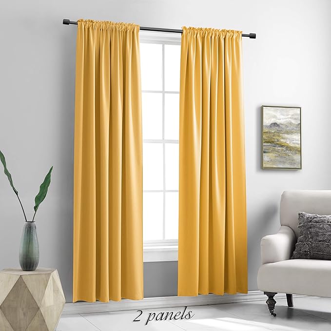 DONREN Gold Yellow Blackout Thermal Insulated Curtain Panels for Bedroom - 2 Panels 84 Inch Length Curtains Room Darkening Rod Pocket Curtain Drapes(52 Wide x 84 Inches Long)