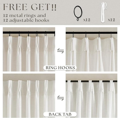 Extra Wide Pinch Pleat Linen Curtains 108 Inches Long for Living Room Sliding Glass Door 70 Inch Wide Semi Sheer Curtain Cream Ivory Boho Pleated Drape Hooks Rings 70x108 Large Window Curtain 1 Panel