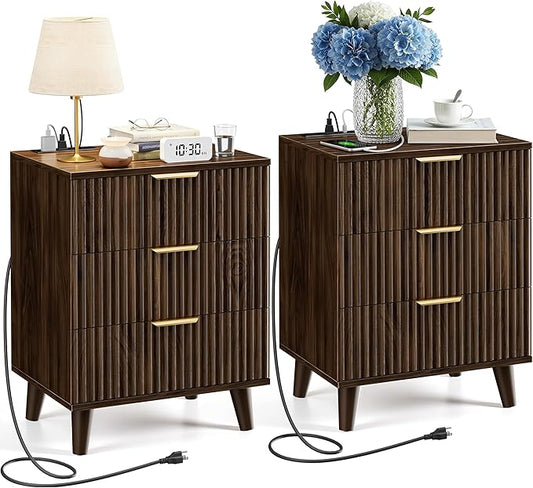 Night Stand with Drawer Storage Fluted Bed Side Table End Table Large Modern Wide Bedside Stand Mid Century Night Stands for Bedroom Living Room Sofa Office (2, Walnut)