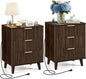 Night Stand with Drawer Storage Fluted Bed Side Table End Table Large Modern Wide Bedside Stand Mid Century Night Stands for Bedroom Living Room Sofa Office (2, Walnut)