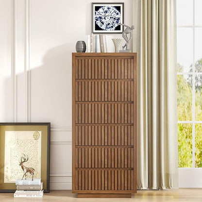 Fluted Tall 6 Drawer Dresser, Mid Century Dresser for Bedroom, 45 Inch Wood Chest of Drawers, Modern Closet Clothes Organizer, Walnut Wooden Storage for Living Room, Brown