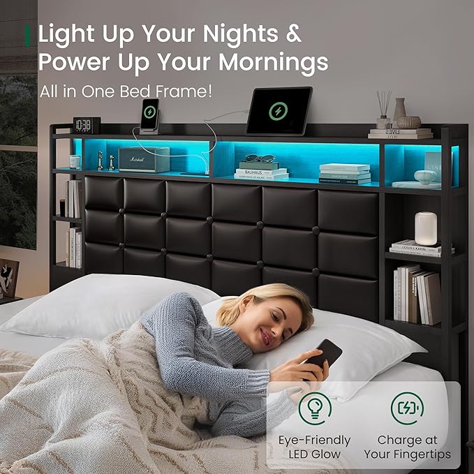 LARMACE Queen Size Bed Frame with 4 Storage Drawers and Bookcase Headboard, Faux Leather Upholstered, Wooden Platform Bed Frame with Charging Station and LED Lights, No Box Spring Needed, Black