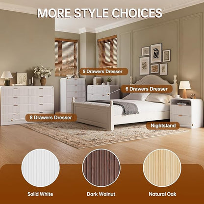 24” Fluted Nightstand Set of 2, Modern Bedside Table with Charging Station, Curved Profile Design, Wooden End Table with Storage for Bedroom, Living Room, White