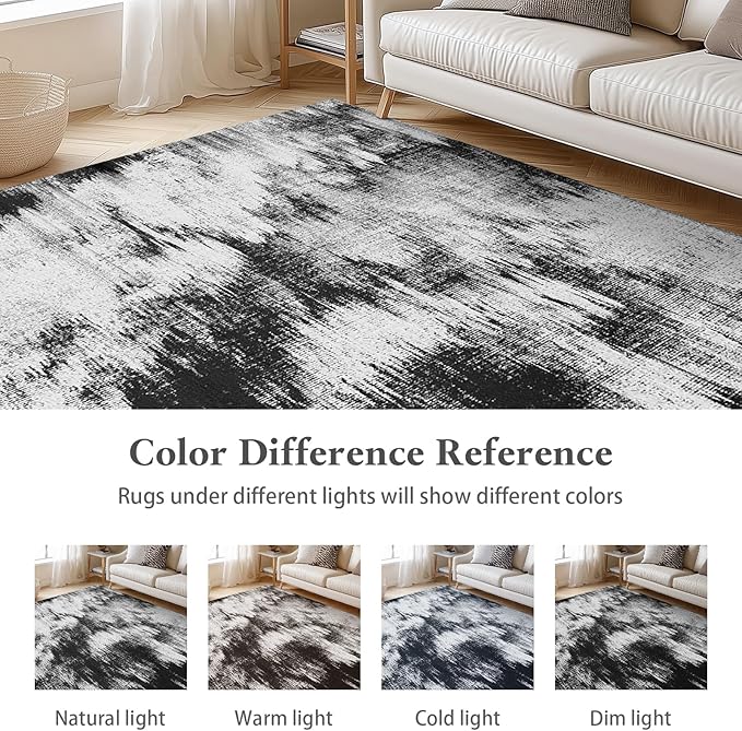 5x7 Area Rug Living Room Rugs - Machine Washable Neutral Abstract Rugs for Dinning Room Indoor Floor Non Silp Rug Carpet for Bedroom Home Office - Black White