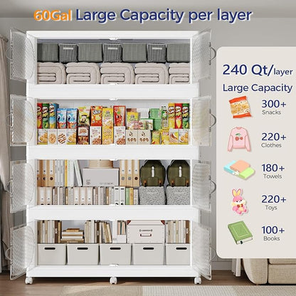 720QT Plastic Stackable Storage Bins with Lid, 180GAL Extra Large Collapsible Box with Wheels Clear Door, Foldable Closet Organizer Container Cabinet Drawer for Home Kitchen，3Pack, White