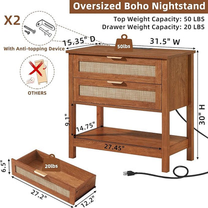 LEYAOYAO 31.5" Wide Rattan Night Stand with Charger Station, Oversized Large Boho Nightstand with 2 Drawer, Tea Brown Bed Side End Tables, Tall Bedside Table for Bedroom Living Room, Hallway