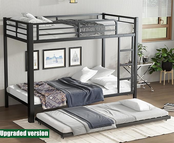 LUCALEO Stronger & Truly Reinforced Heavy Duty Metal Bunk Bed Twin XL Over Twin XL Size Bunkbed, Thickened More Stable & Safer Steel Bunk Bed Frame with Twin Size Trundle (Greater Weight Capacity)