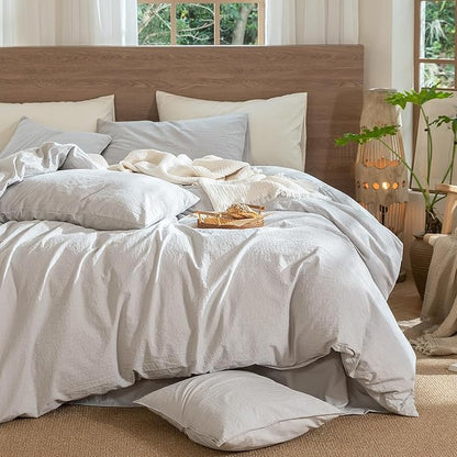 MooMee Wavy Striped Duvet Cover Set 100% Washed Cotton Linen Like Textured Breathable Durable Soft Comfy (Light Grey, Full 80"x90")