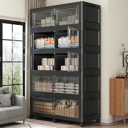 250GAL Extra Large Storage Bins with Lid, 1000Qt Stackable Closet Organizers and Drawers, Collapsible Storage Bins with Wheels, Folding Containers for Home, Kitchen Office, 5Pack Black