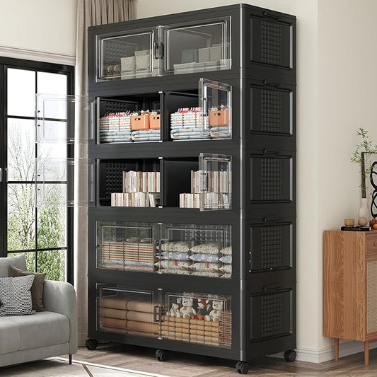 250GAL Extra Large Storage Bins with Lid, 1000Qt Stackable Closet Organizers and Drawers, Collapsible Storage Bins with Wheels, Folding Containers for Home, Kitchen Office, 5Pack Black