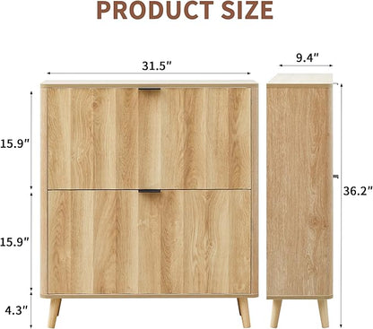 31.5” Fluted Shoe Cabinet Storage with 2 Flip Drawers,Narrow Freestanding Shoe Storage Organizer,Slim Shoe Rack Cabinet for Entryway,Hallway (Natural)