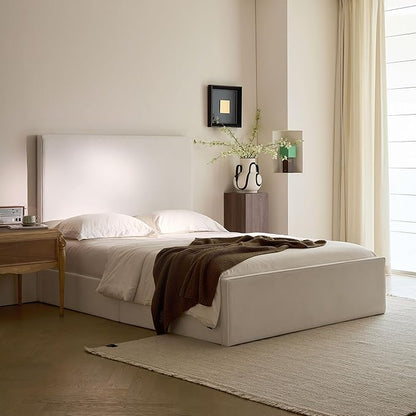 King Size Upholstered Bed Frame, 52" High Headboard Wingback Bedframe, Lucas Tall Headboard Floor Platform Beds, No Box Spring Needed No Noise/Minimalist/Coconut Micro Suede, White