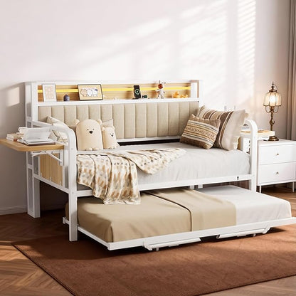 Daybed with Trundle, Twin Trundle Bed Frame - Metal Day Bed with LED Lights, Upholstered Storage Headboard & Charging Station, Pop Up Sleeper, Modern Design for Living Room and Guest Room-White