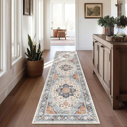 vivorug Boho Runner Rug 2x10 Machine Washable Rug with Non-Slip Backing, Ideal for Kitchen Hallway Entryway Laundry Room - Vintage, Durable, Easy Clean, Low Pile Carpet Runner Orange/Navy