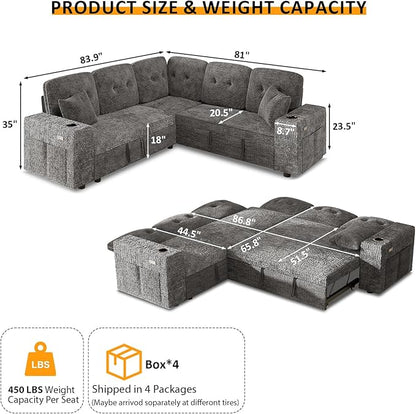 Modular Sectional Sleeper Sofa with Pull Out Bed, L Shaped 5 Seat Sectional Couches for Living Room, 84 Inch Sofa Bed with Adjustable Backrest | Hidden Storage | Wide Armrest | Grey