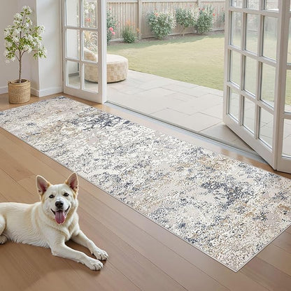 Washable Runner Rug for Hallway: 2.6x8 Neutral Modern Abstract Low Pile Area Rug with Non-Slip Backing - Carpet for Bedroom Kitchen Laundry Entryway Bathroom Indoor - Beige Blue
