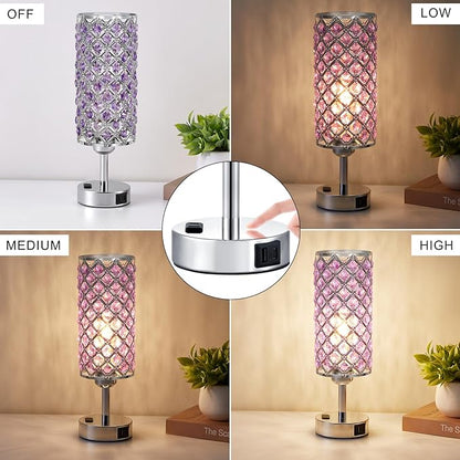 Hong-in Crystal Lamps Set of 2, 3 Way Dimmable Touch Lamp with Crystal Shade, Bedside Nightstand Lamps for Living Room Bedroom Home Office(Purple)