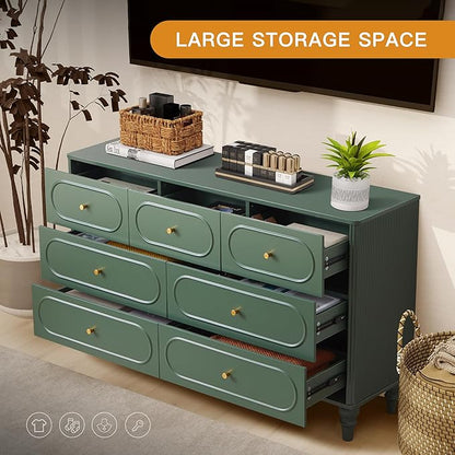 ORRD Fluted 7 Drawer Dresser for Bedroom, Modern Mid Century Chest of Drawers, Wood Storage Large Dresser Organizer for Bedroom Living Room Closet Hallway, Green