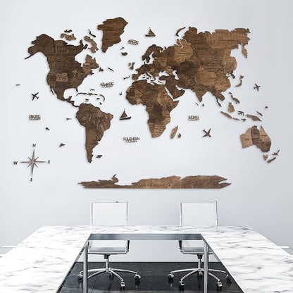 Handmade 3D Wood World Map Wall Art Large Wall Decor Track Your World Travels - Special for Home, Kitchen and Office (Walnut, Large)