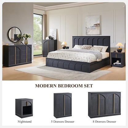 ACCOHOHO Large Dresser for Bedroom with 8 Drawers with Arched Panel,Modern Minimalist Chest of Drawers with Gold Handles,Wood Storage Closet Dressers Tv Stand for Living Room, Hallway,Black