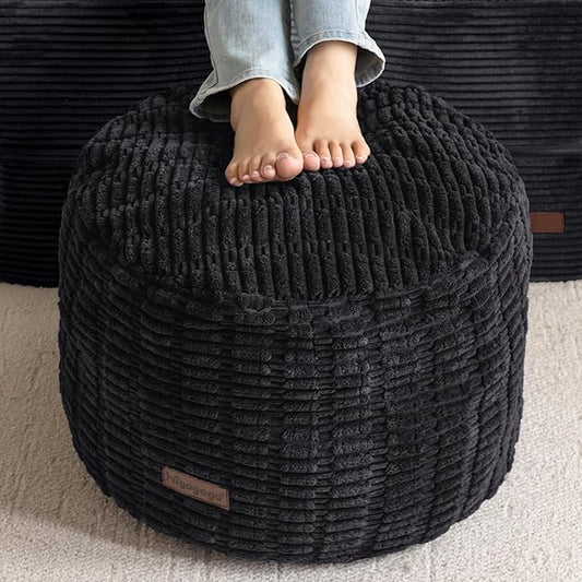 HIGOGOGO Pouf Ottoman Stuffed Round Modern Foam Filled Foot Rest Poufs for Living Room Chair Decorative 26 X 18 Inches Boho Relax Stool for Wedding Christmas Party, Black