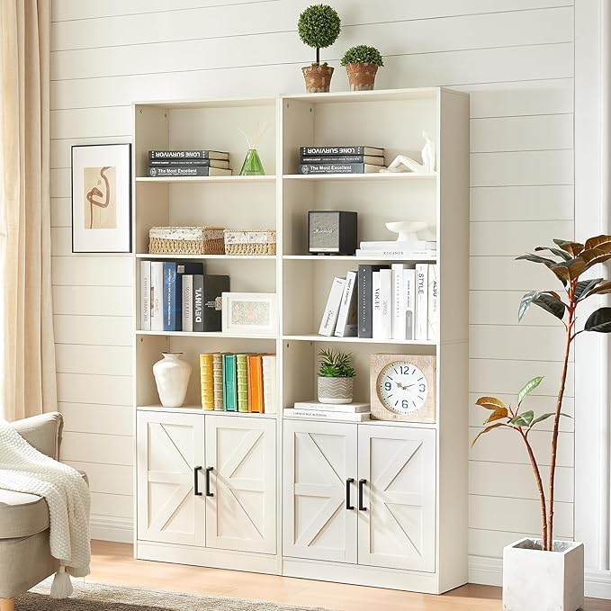 RWYHG 70in Tall Bookshelf 6 Tier Bookcase with Barn Doors and Adjustable Shelf, White Farmhouse Book Shelves with Storage Cabinet