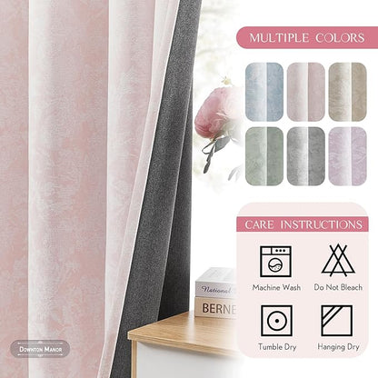 Beauoop Pink Floral Jacquard Blackout Curtains 84 Inches Long 2 Panels for Bedroom Living Room Chenille Flower Room Darkening Thermal Insulated Soundproof Grommet Window Treatments Drapes, 52x84