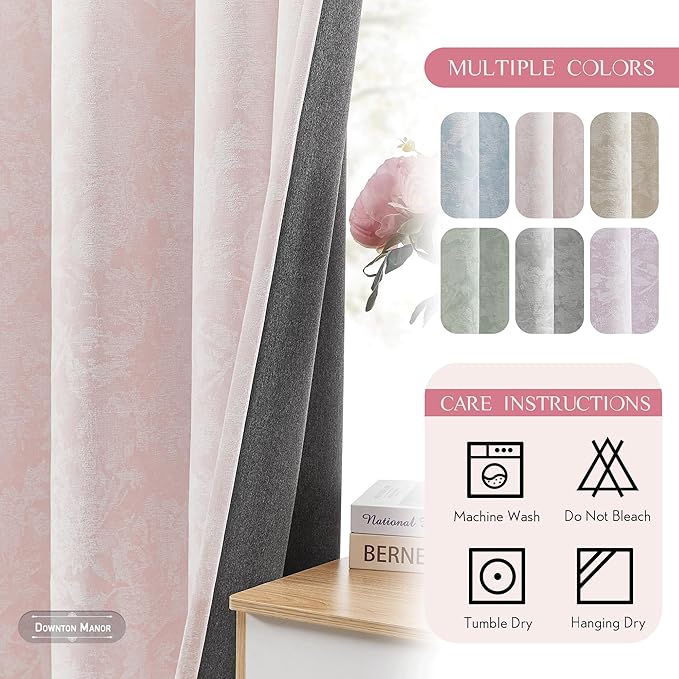 Beauoop Pink Floral Jacquard Blackout Curtains 96 Inches Long 2 Panels for Bedroom Living Room Chenille Flower Room Darkening Thermal Insulated Soundproof Grommet Window Treatments Drapes, 52x96